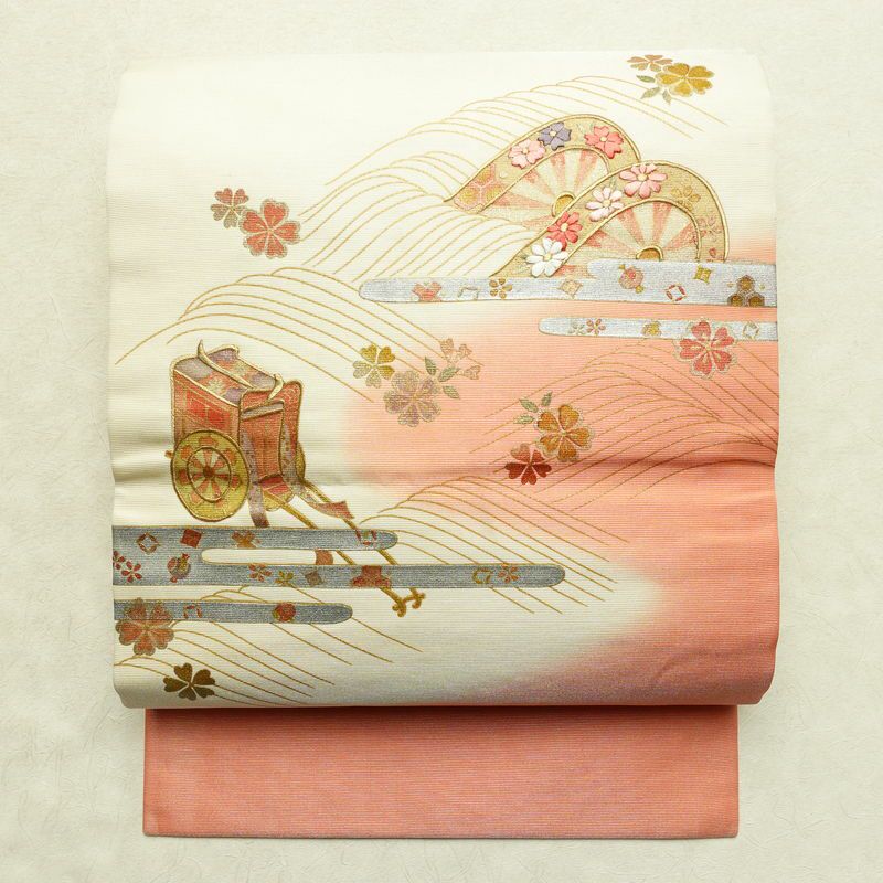 名古屋帯 太鼓柄 正絹 古典柄 名古屋仕立て なごや帯 リサイクル帯 帯 刺繍 箔 御所車 桜 金彩 多色使い_画像1