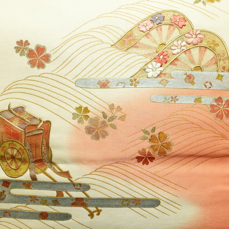 名古屋帯 太鼓柄 正絹 古典柄 名古屋仕立て なごや帯 リサイクル帯 帯 刺繍 箔 御所車 桜 金彩 多色使い_画像2
