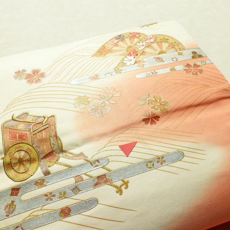名古屋帯 太鼓柄 正絹 古典柄 名古屋仕立て なごや帯 リサイクル帯 帯 刺繍 箔 御所車 桜 金彩 多色使い_画像7