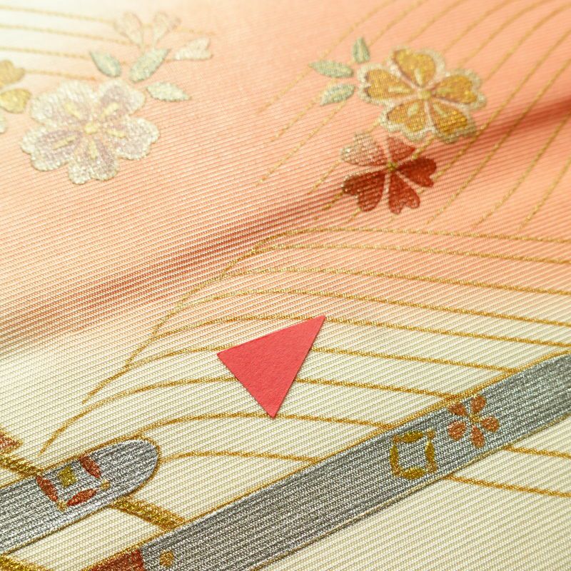 名古屋帯 太鼓柄 正絹 古典柄 名古屋仕立て なごや帯 リサイクル帯 帯 刺繍 箔 御所車 桜 金彩 多色使い_画像8