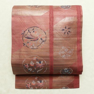 名古屋帯 六通柄 正絹 木の葉・植物柄 名古屋仕立て なごや帯 リサイクル帯 帯 箔 ピンク