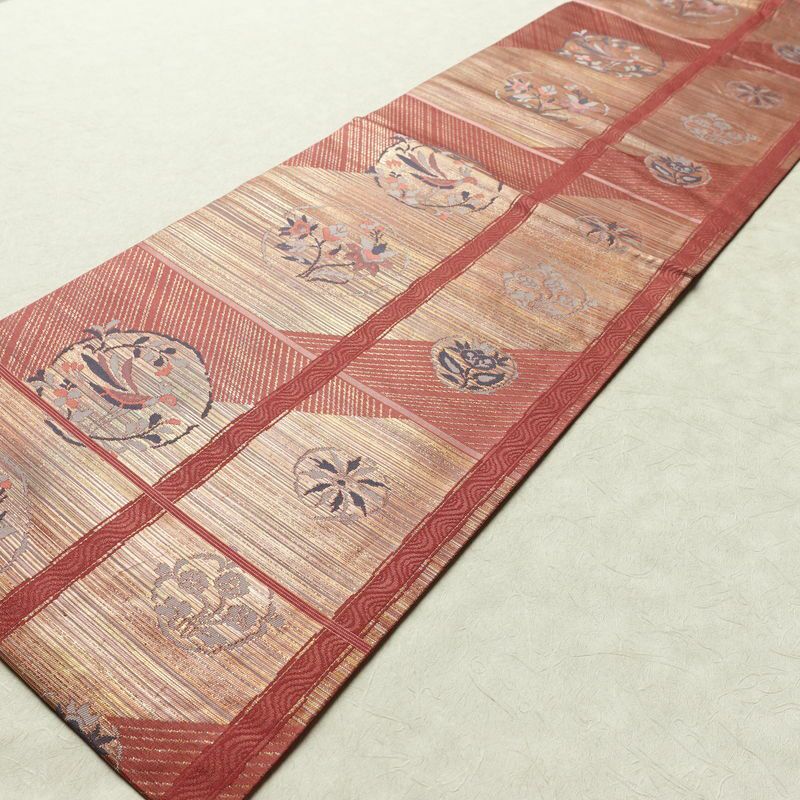 名古屋帯 六通柄 正絹 木の葉・植物柄 名古屋仕立て なごや帯 リサイクル帯 帯 箔 ピンク_画像8