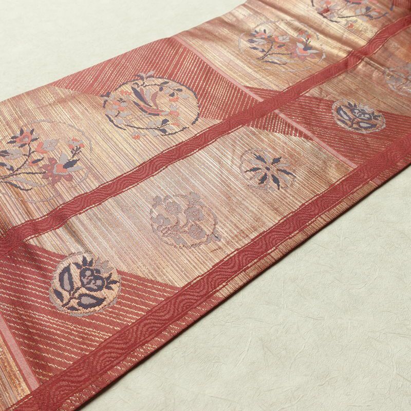 名古屋帯 六通柄 正絹 木の葉・植物柄 名古屋仕立て なごや帯 リサイクル帯 帯 箔 ピンク_画像11