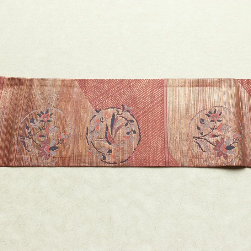 名古屋帯 六通柄 正絹 木の葉・植物柄 名古屋仕立て なごや帯 リサイクル帯 帯 箔 ピンク_画像13