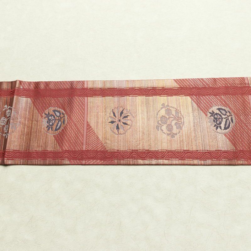 名古屋帯 六通柄 正絹 木の葉・植物柄 名古屋仕立て なごや帯 リサイクル帯 帯 箔 ピンク_画像14
