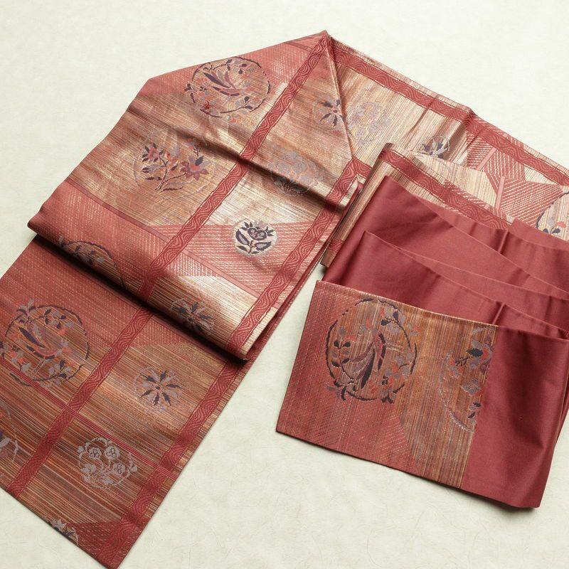 名古屋帯 六通柄 正絹 木の葉・植物柄 名古屋仕立て なごや帯 リサイクル帯 帯 箔 ピンク_画像17