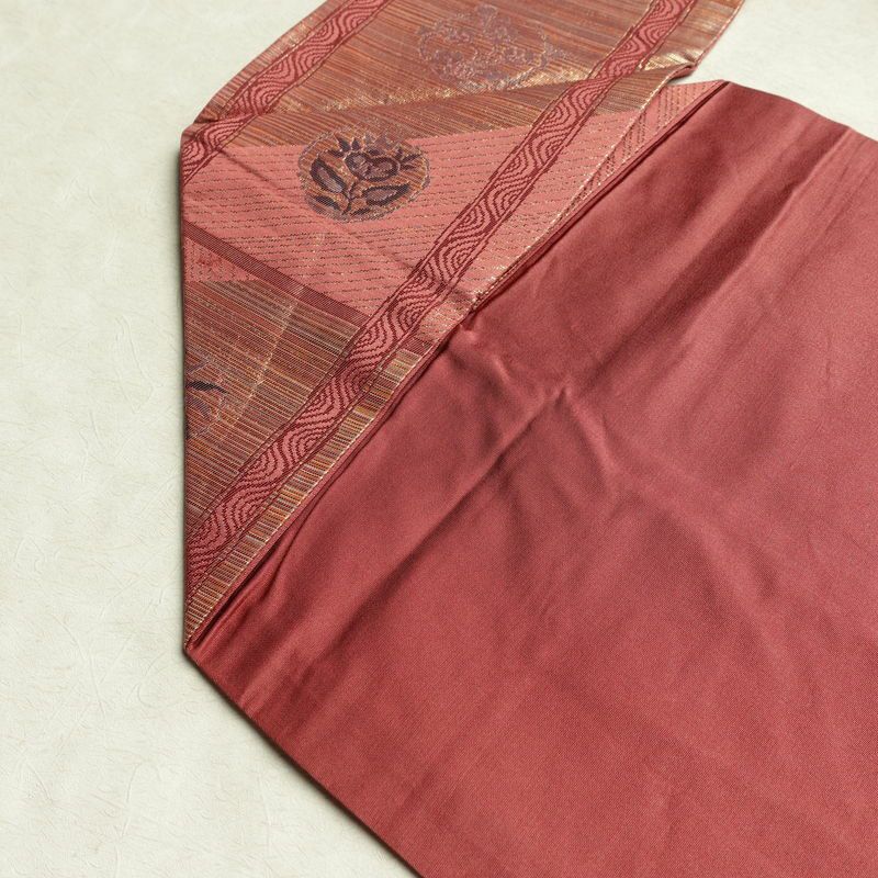 名古屋帯 六通柄 正絹 木の葉・植物柄 名古屋仕立て なごや帯 リサイクル帯 帯 箔 ピンク_画像19