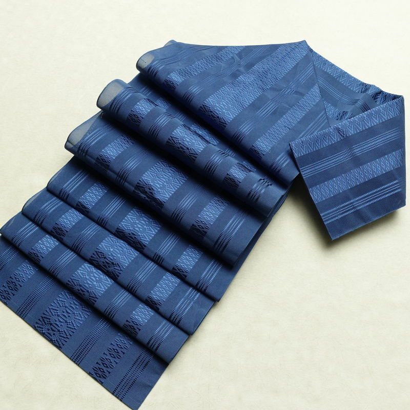 名古屋帯 全通柄 夏用 献上柄 正絹 縞柄・線柄 松葉仕立て リサイクル帯 帯 シンプル 青・紺_画像18