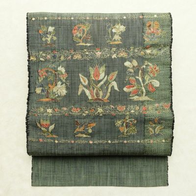 名古屋帯 太鼓柄 良品 正絹 木の葉・植物柄 名古屋仕立て なごや帯 リサイクル帯 帯 金糸 おしゃれ 緑・うぐいす色