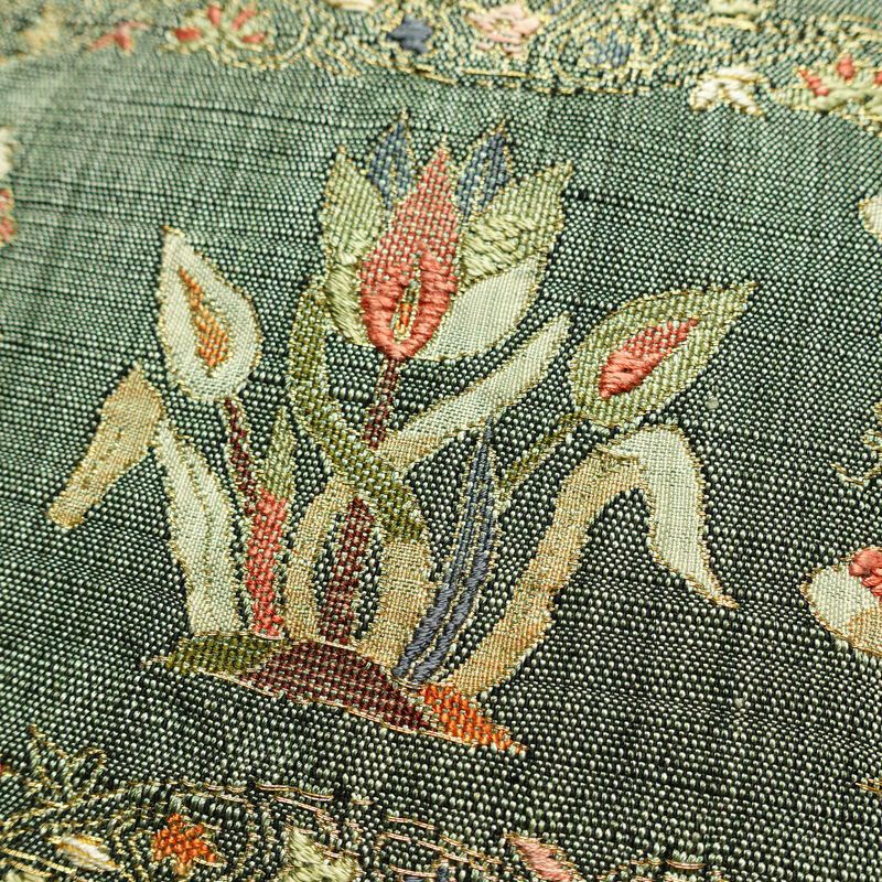 名古屋帯 太鼓柄 良品 正絹 木の葉・植物柄 名古屋仕立て なごや帯 リサイクル帯 帯 金糸 おしゃれ 緑・うぐいす色_画像3