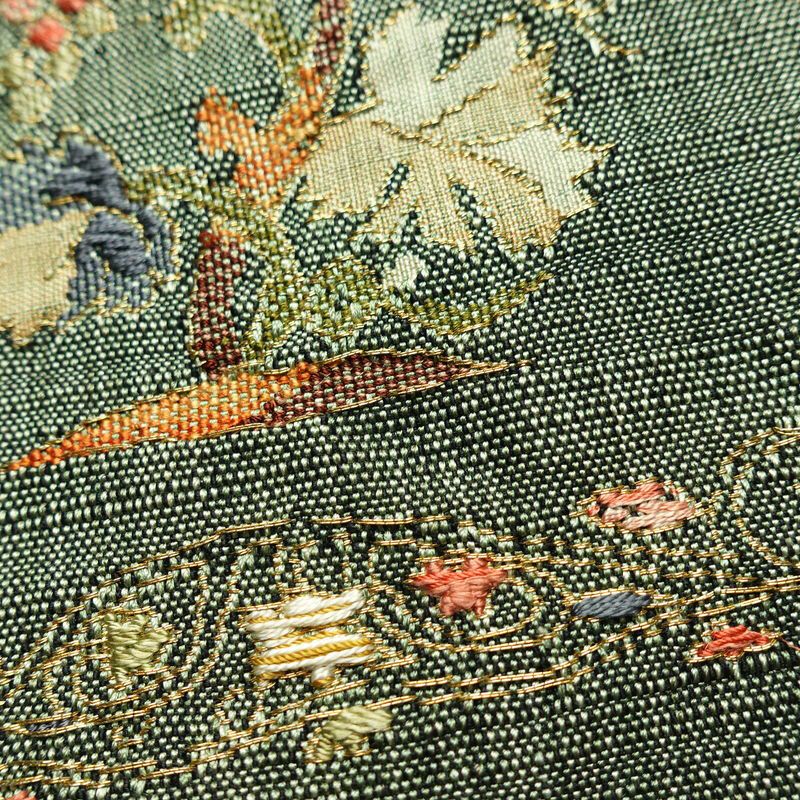 名古屋帯 太鼓柄 良品 正絹 木の葉・植物柄 名古屋仕立て なごや帯 リサイクル帯 帯 金糸 おしゃれ 緑・うぐいす色_画像7