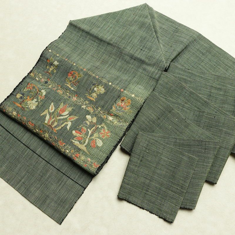 名古屋帯 太鼓柄 良品 正絹 木の葉・植物柄 名古屋仕立て なごや帯 リサイクル帯 帯 金糸 おしゃれ 緑・うぐいす色_画像17