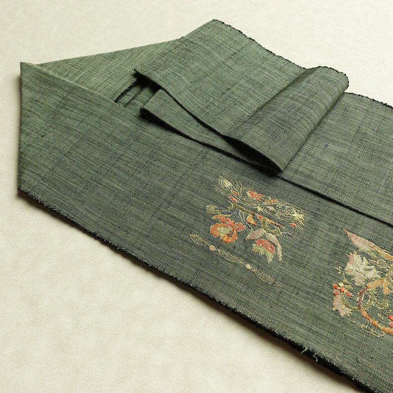 名古屋帯 太鼓柄 良品 正絹 木の葉・植物柄 名古屋仕立て なごや帯 リサイクル帯 帯 金糸 おしゃれ 緑・うぐいす色_画像21