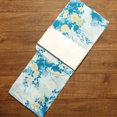 新品 浴衣 帯 2点セット 女性用 綿 平織 古典柄 浴衣 半幅帯 未使用品 花 青 蒼花 しっとり