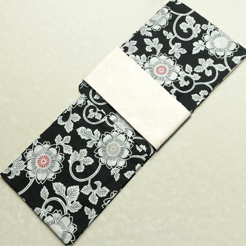 新品 浴衣 帯 2点セット 女性用 綿 平織 古典柄 浴衣 半幅帯 未使用品 唐草 黒_画像1