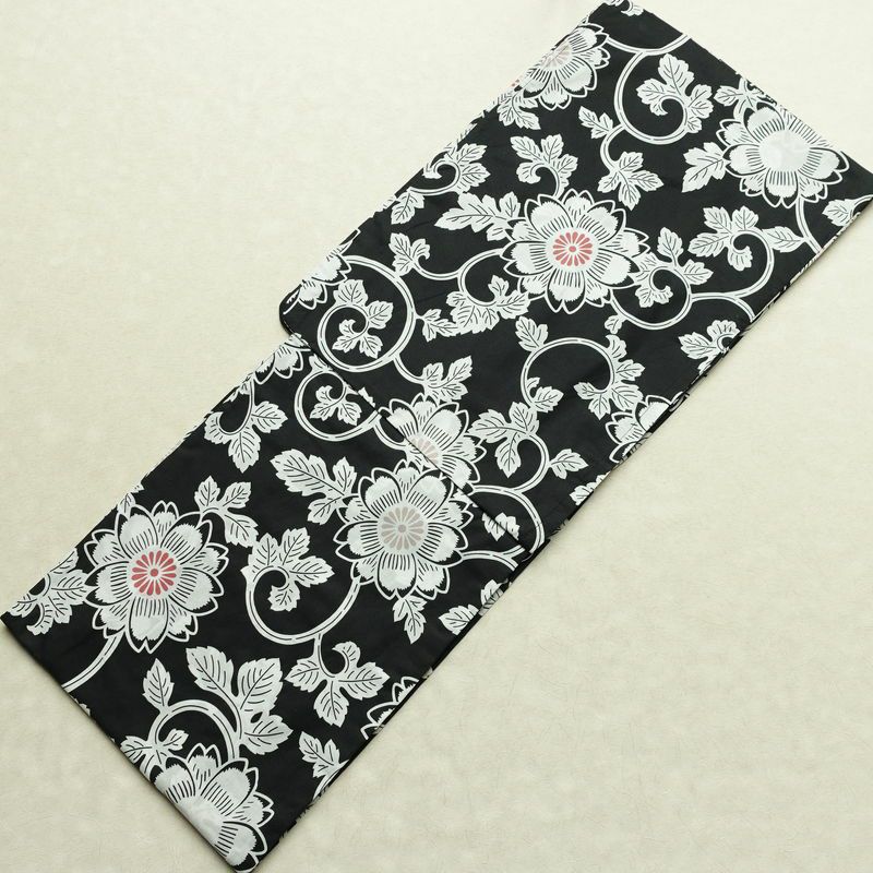 新品 浴衣 帯 2点セット 女性用 綿 平織 古典柄 浴衣 半幅帯 未使用品 唐草 黒_画像2