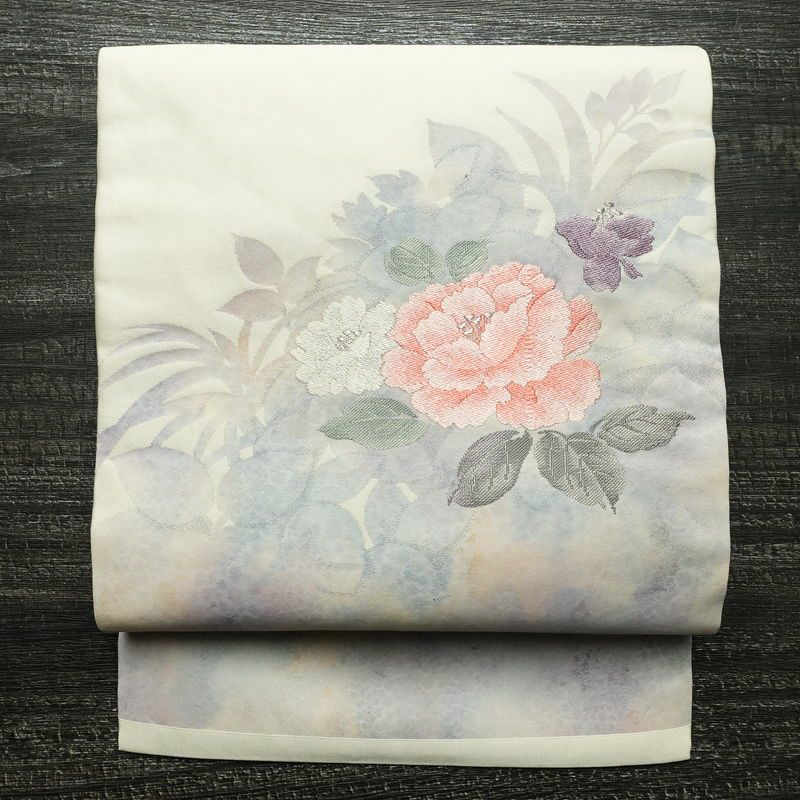 名古屋帯 太鼓柄 正絹 花柄 名古屋仕立て なごや帯 リサイクル帯 帯 シンプル 白_画像1