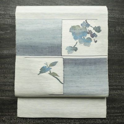 名古屋帯 太鼓柄 良品 正絹 木の葉・植物柄 松葉仕立て なごや帯 リサイクル帯 やまと誂製 帯 シンプル 紬地 青・紺