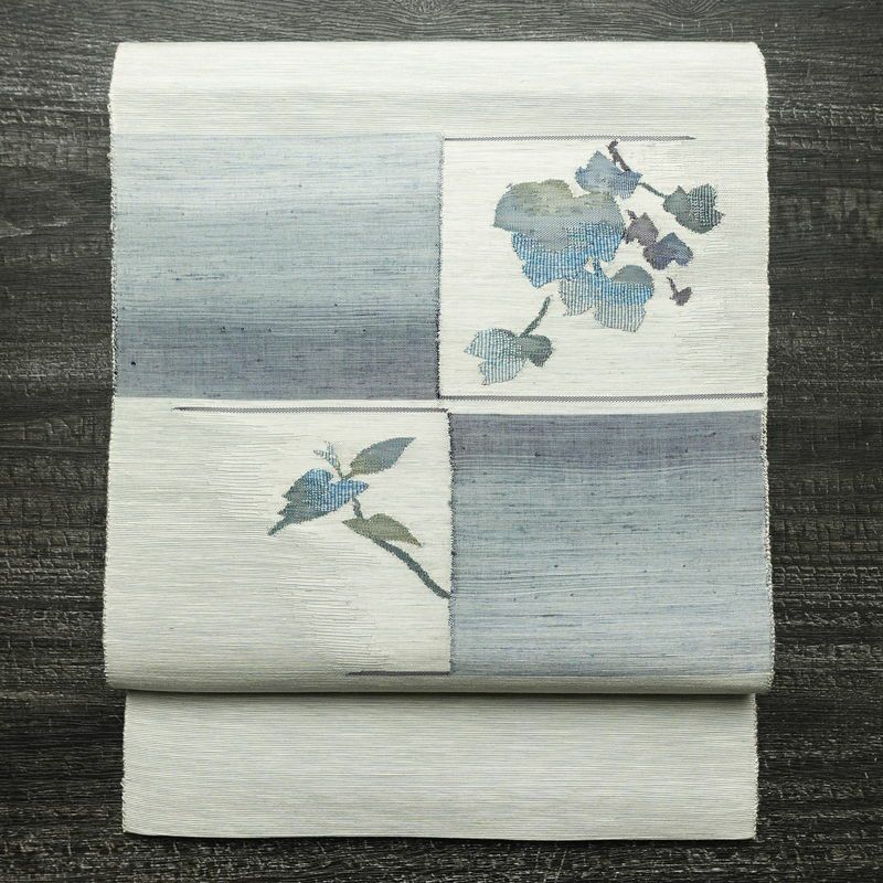 名古屋帯 太鼓柄 良品 正絹 木の葉・植物柄 松葉仕立て なごや帯 リサイクル帯 やまと誂製 帯 シンプル 紬地 青・紺_画像1