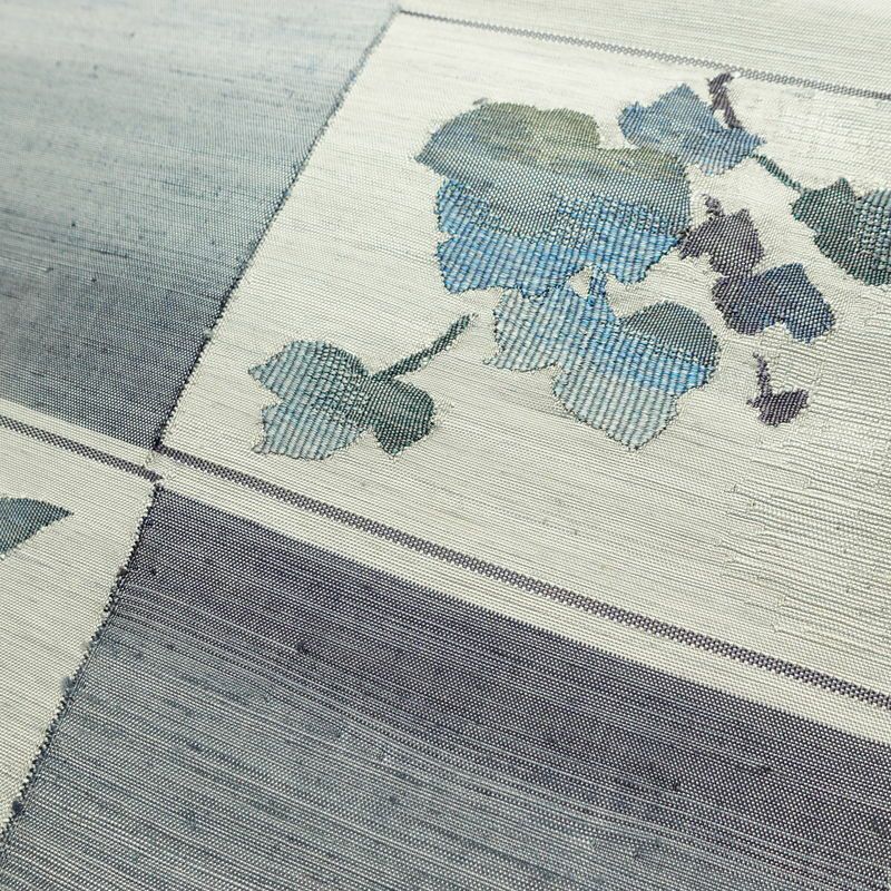 名古屋帯 太鼓柄 良品 正絹 木の葉・植物柄 松葉仕立て なごや帯 リサイクル帯 やまと誂製 帯 シンプル 紬地 青・紺_画像3