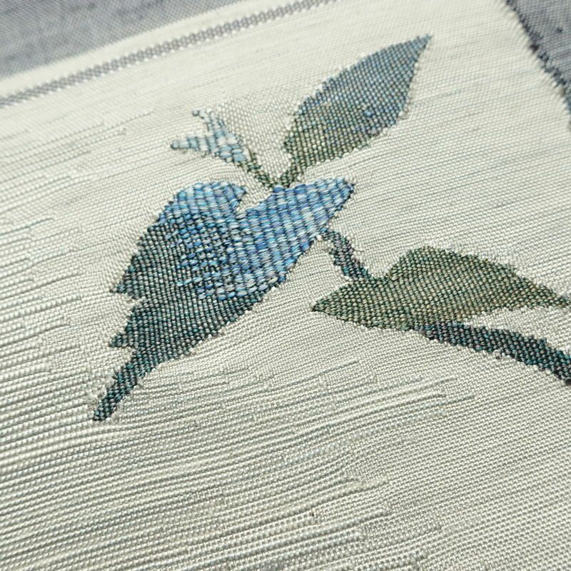 名古屋帯 太鼓柄 良品 正絹 木の葉・植物柄 松葉仕立て なごや帯 リサイクル帯 やまと誂製 帯 シンプル 紬地 青・紺_画像6