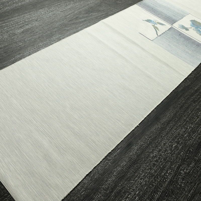 名古屋帯 太鼓柄 良品 正絹 木の葉・植物柄 松葉仕立て なごや帯 リサイクル帯 やまと誂製 帯 シンプル 紬地 青・紺_画像8