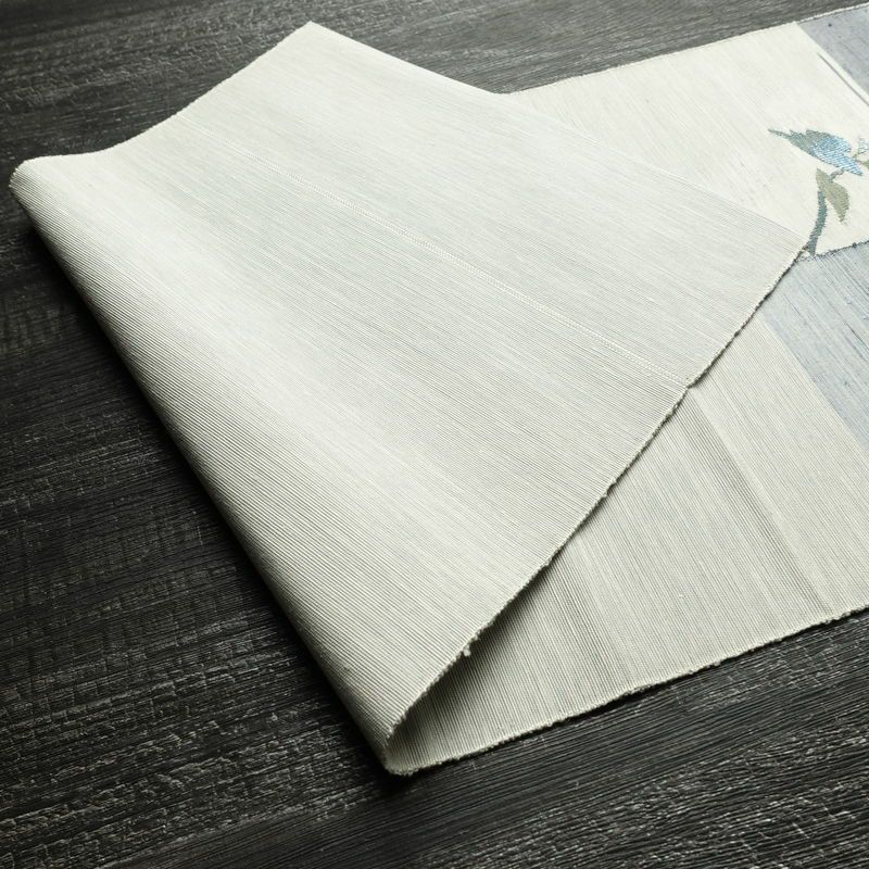 名古屋帯 太鼓柄 良品 正絹 木の葉・植物柄 松葉仕立て なごや帯 リサイクル帯 やまと誂製 帯 シンプル 紬地 青・紺_画像9