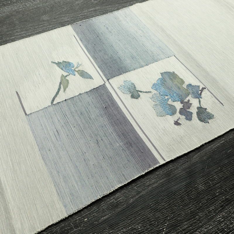 名古屋帯 太鼓柄 良品 正絹 木の葉・植物柄 松葉仕立て なごや帯 リサイクル帯 やまと誂製 帯 シンプル 紬地 青・紺_画像11