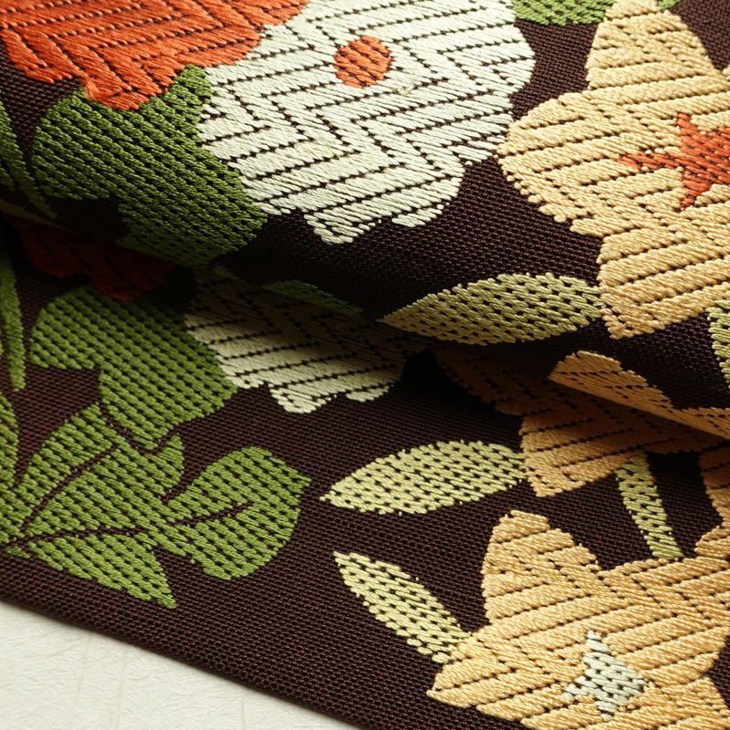 名古屋帯 六通柄 正絹 花柄 名古屋仕立て なごや帯 リサイクル帯 帯 茶_画像5