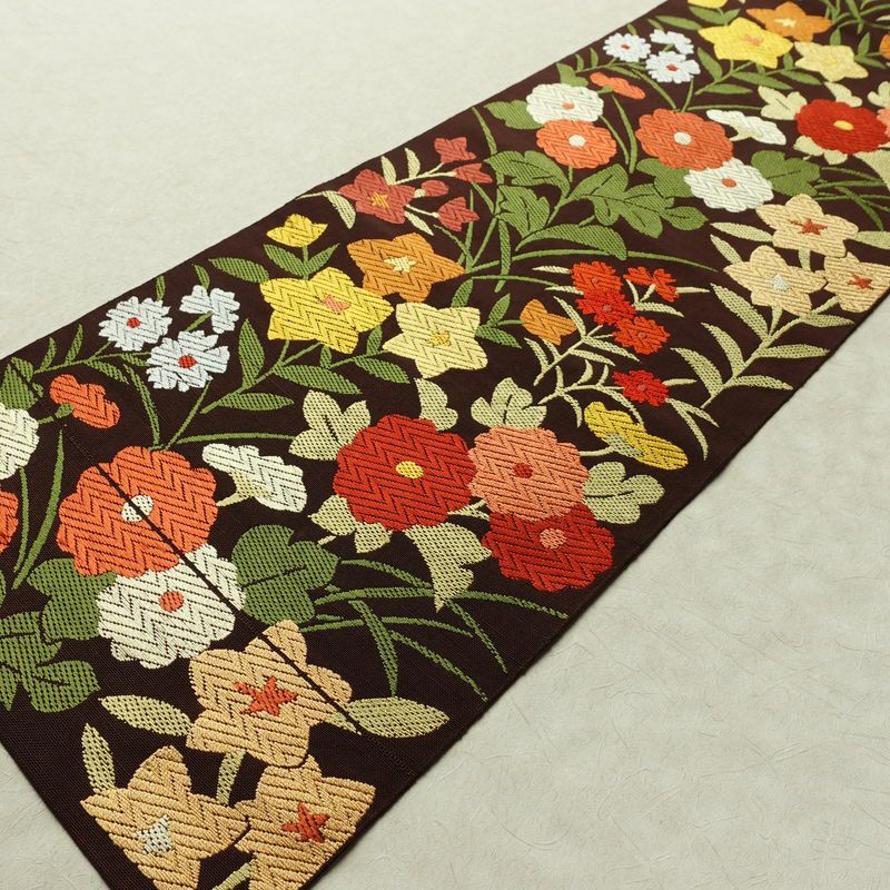 名古屋帯 六通柄 正絹 花柄 名古屋仕立て なごや帯 リサイクル帯 帯 茶_画像9