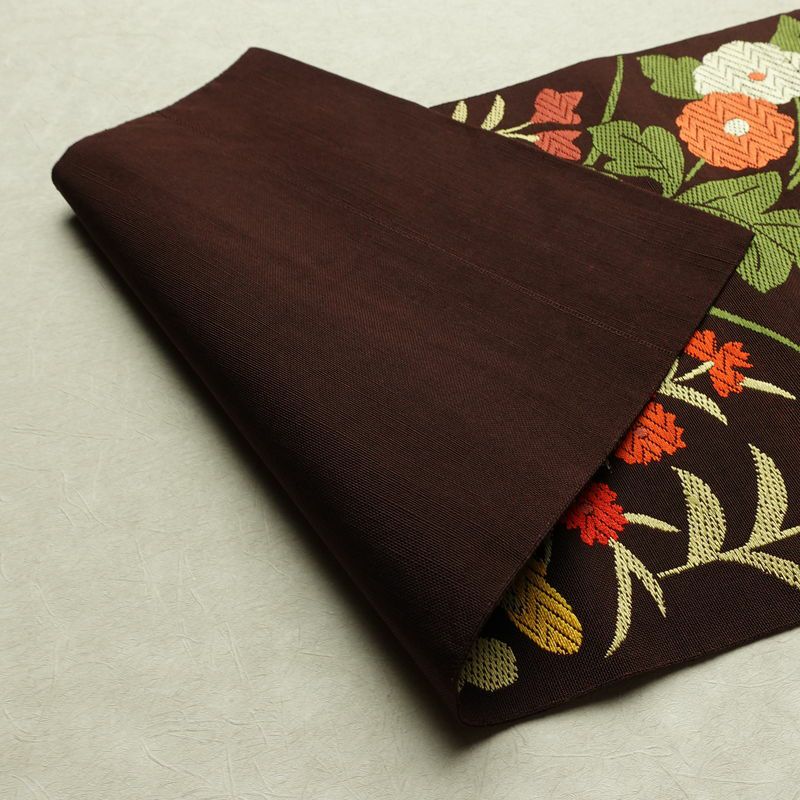 名古屋帯 六通柄 正絹 花柄 名古屋仕立て なごや帯 リサイクル帯 帯 茶_画像10
