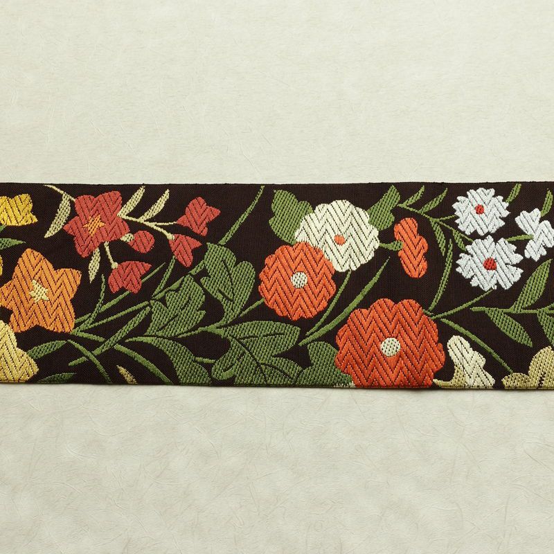 名古屋帯 六通柄 正絹 花柄 名古屋仕立て なごや帯 リサイクル帯 帯 茶_画像12