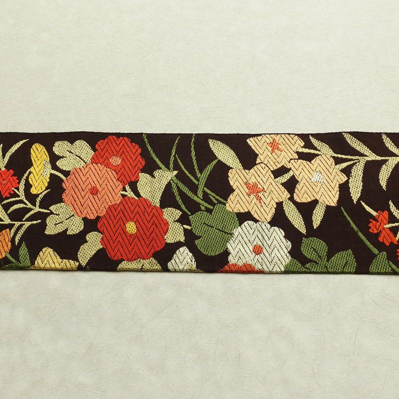 名古屋帯 六通柄 正絹 花柄 名古屋仕立て なごや帯 リサイクル帯 帯 茶_画像13