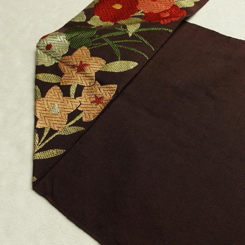 名古屋帯 六通柄 正絹 花柄 名古屋仕立て なごや帯 リサイクル帯 帯 茶_画像20