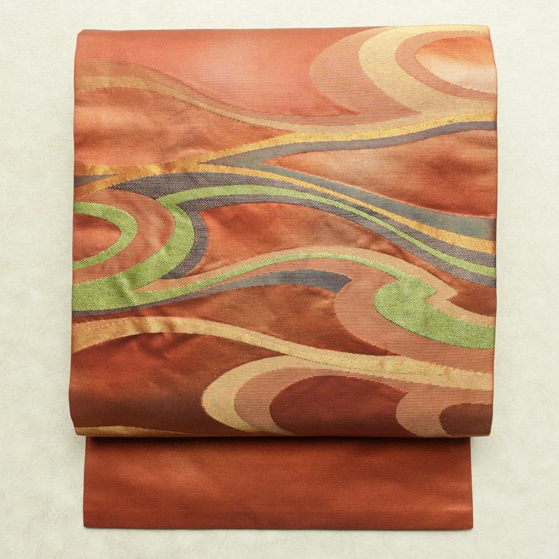 名古屋帯 太鼓柄 正絹 流水・波柄 名古屋仕立て なごや帯 リサイクル帯 帯 引箔 橙_画像1