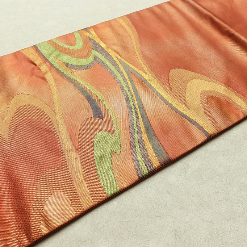 名古屋帯 太鼓柄 正絹 流水・波柄 名古屋仕立て なごや帯 リサイクル帯 帯 引箔 橙_画像11
