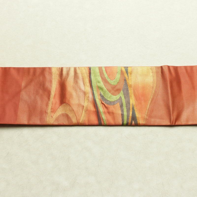 名古屋帯 太鼓柄 正絹 流水・波柄 名古屋仕立て なごや帯 リサイクル帯 帯 引箔 橙_画像13
