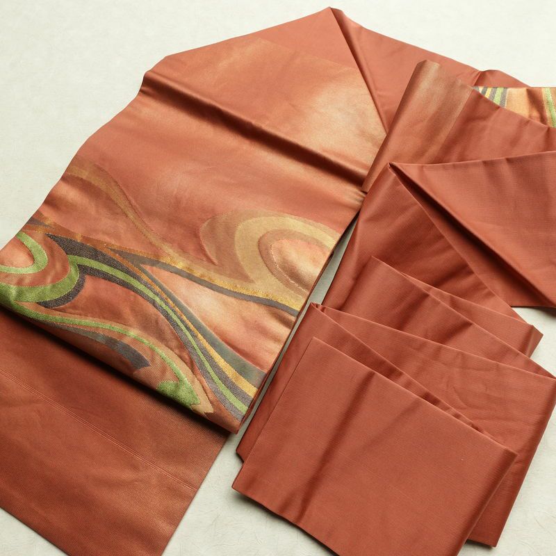 名古屋帯 太鼓柄 正絹 流水・波柄 名古屋仕立て なごや帯 リサイクル帯 帯 引箔 橙_画像17