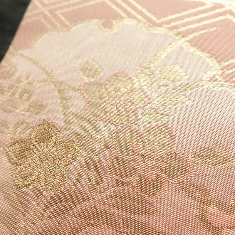 名古屋帯 六通柄 良品 正絹 古典柄 名古屋仕立て なごや帯 リサイクル帯 帯 箔 桜 蝶 ピンク_画像6