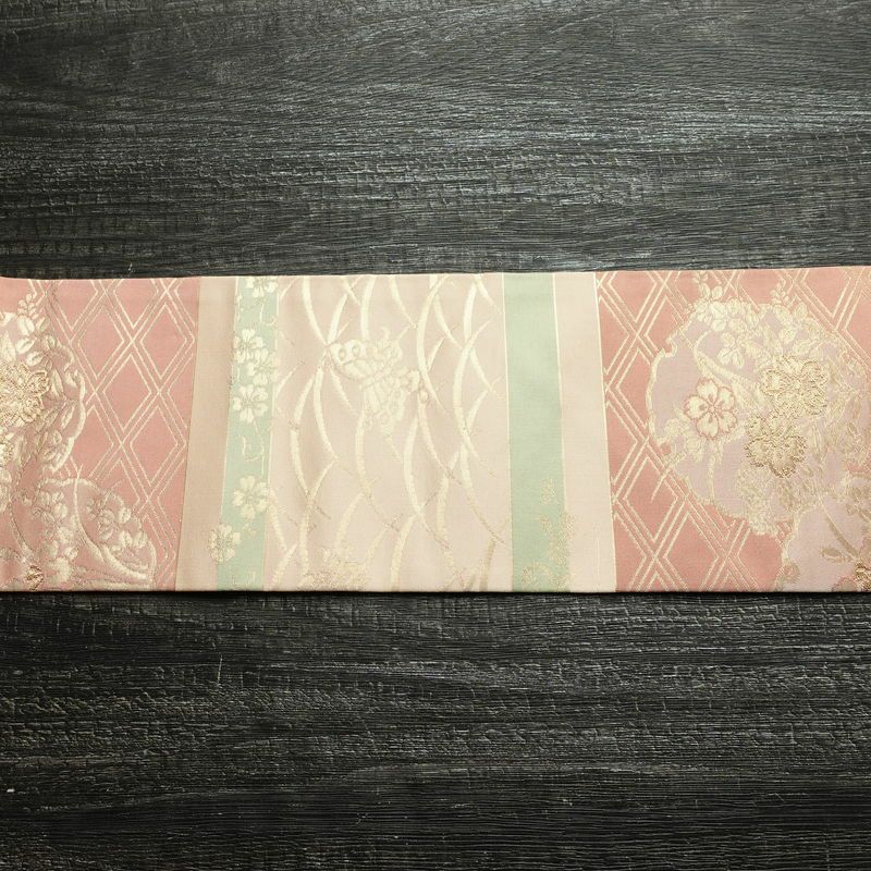 名古屋帯 六通柄 良品 正絹 古典柄 名古屋仕立て なごや帯 リサイクル帯 帯 箔 桜 蝶 ピンク_画像14