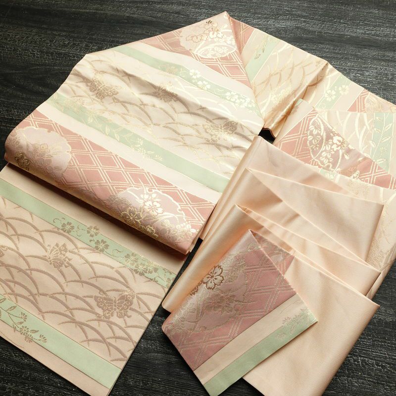 名古屋帯 六通柄 良品 正絹 古典柄 名古屋仕立て なごや帯 リサイクル帯 帯 箔 桜 蝶 ピンク_画像17