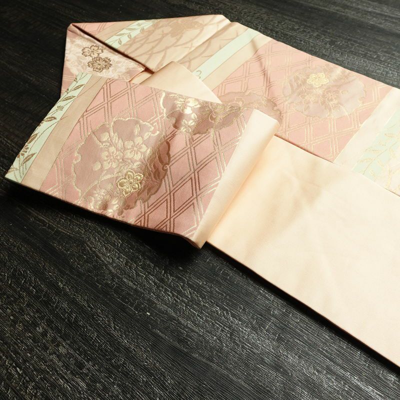 名古屋帯 六通柄 良品 正絹 古典柄 名古屋仕立て なごや帯 リサイクル帯 帯 箔 桜 蝶 ピンク_画像21