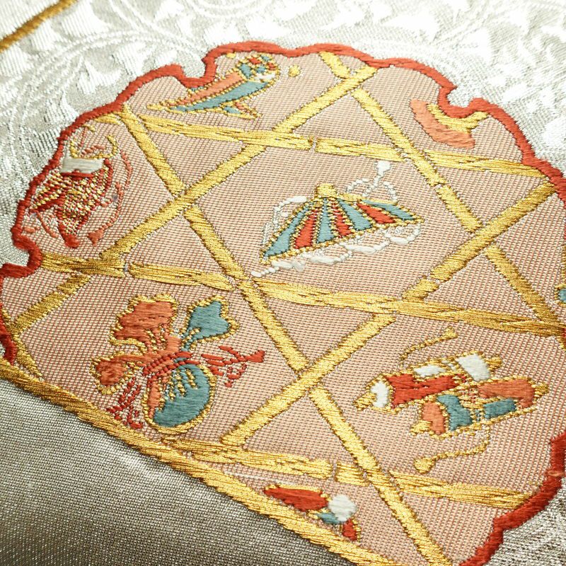 名古屋帯 太鼓柄 正絹 古典柄 名古屋仕立て なごや帯 リサイクル帯 帯 雪輪 引箔 金糸 金・銀_画像3