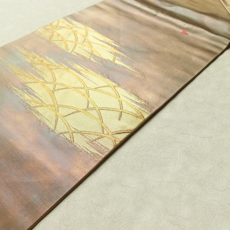 名古屋帯 太鼓柄 正絹 木の葉・植物柄 名古屋仕立て なごや帯 リサイクル帯 帯 芝 ベージュ_画像11