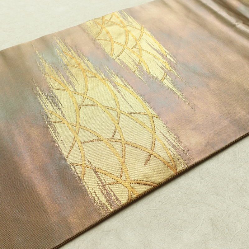 名古屋帯 太鼓柄 正絹 木の葉・植物柄 名古屋仕立て なごや帯 リサイクル帯 帯 芝 ベージュ_画像14