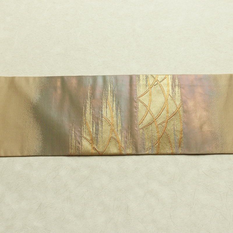 名古屋帯 太鼓柄 正絹 木の葉・植物柄 名古屋仕立て なごや帯 リサイクル帯 帯 芝 ベージュ_画像15