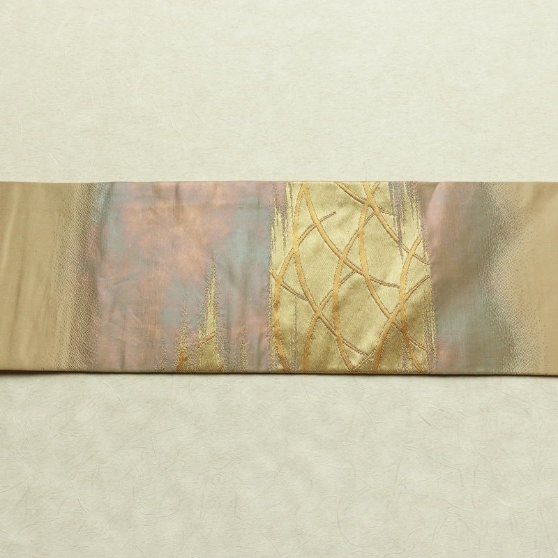 名古屋帯 太鼓柄 正絹 木の葉・植物柄 名古屋仕立て なごや帯 リサイクル帯 帯 芝 ベージュ_画像16