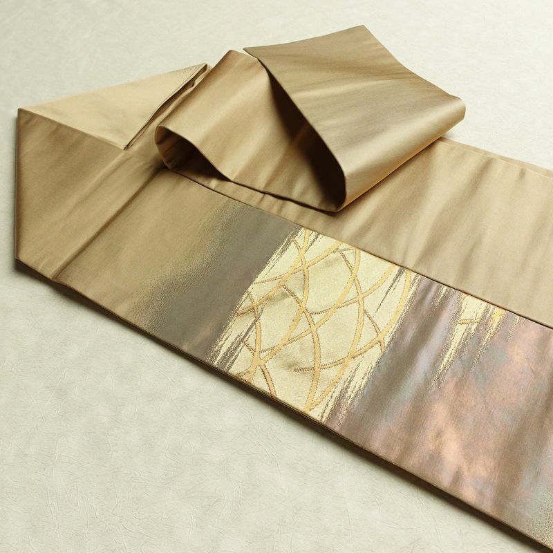 名古屋帯 太鼓柄 正絹 木の葉・植物柄 名古屋仕立て なごや帯 リサイクル帯 帯 芝 ベージュ_画像21