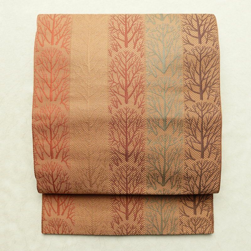 名古屋帯 六通柄 良品 正絹 木の葉・植物柄 松葉仕立て なごや帯 リサイクル帯 帯 橙_画像1