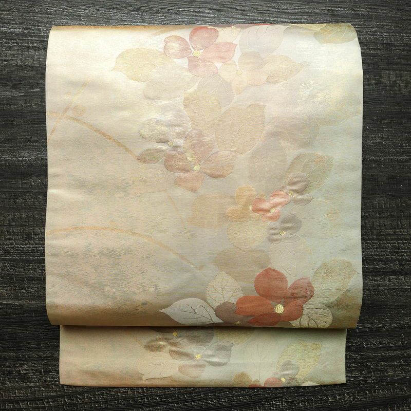 名古屋帯 六通柄 正絹 花柄 名古屋仕立て なごや帯 リサイクル帯 帯 箔 金糸 多色使い_画像1
